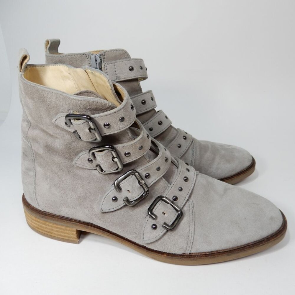 PAUL GREEN Anne Bootie Studded Boot US 7 Cloud Moto Biker Grey Suede Buckles EUC